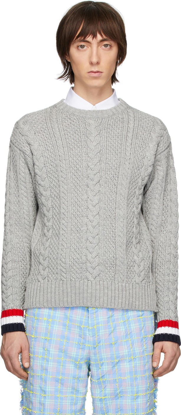 Thom Browne Grey Merino Aran Cable Sweater