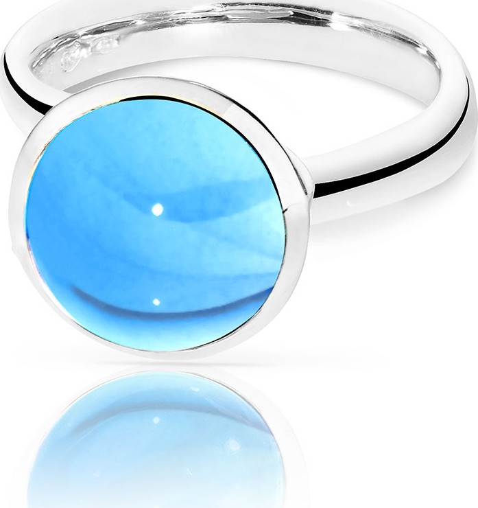 Tamara Comolli Bouton 11mm Swiss Blue Topaz Cabochon Ring in 18k White Gold, Size 7/54