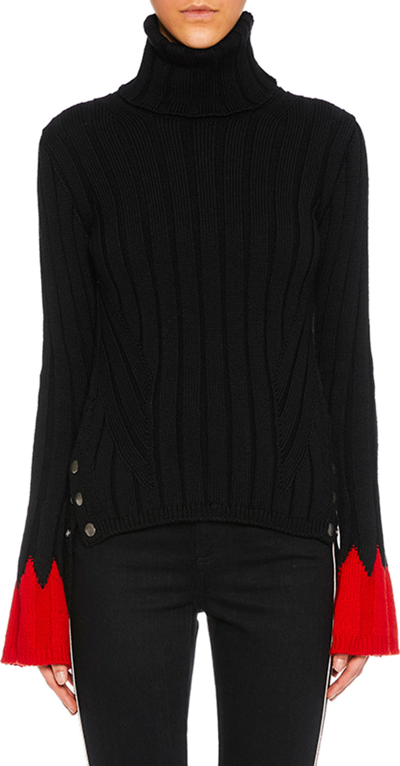Alexander McQueen Turtleneck Long-Sleeve Contrast-Cuff Wool Knit Sweater