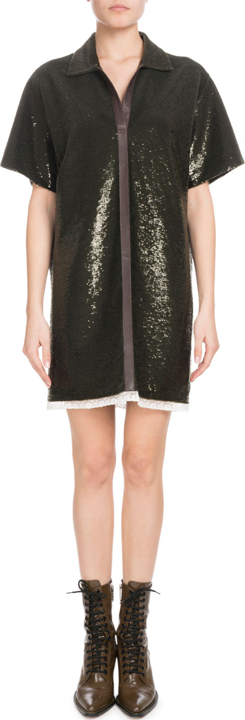 Chloe Short-Sleeve Split-Neck Sequined Polo Dress with Leather Trim