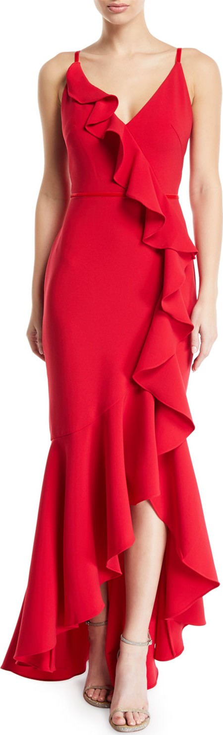 Marchesa Notte Cascading Ruffle High-Low Gown in Crepe