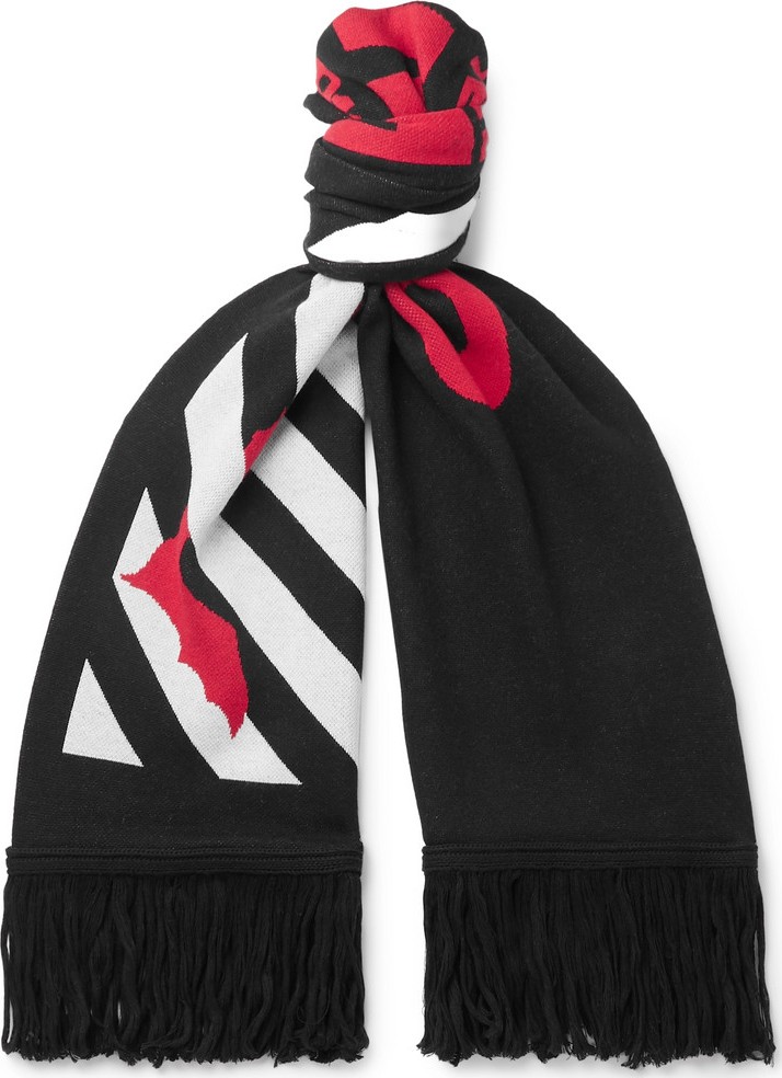 Off White Fringed Logo-Intarsia Knitted Scarf