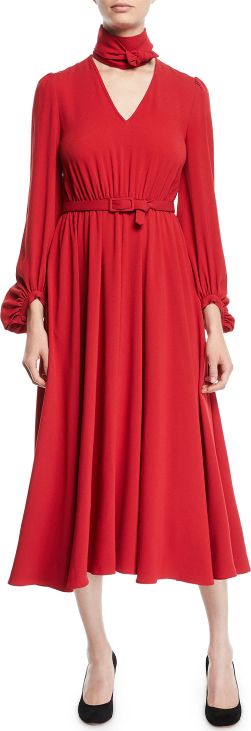Co Tie-Neck Long-Sleeve Belted Japanese Crepe Midi Dress