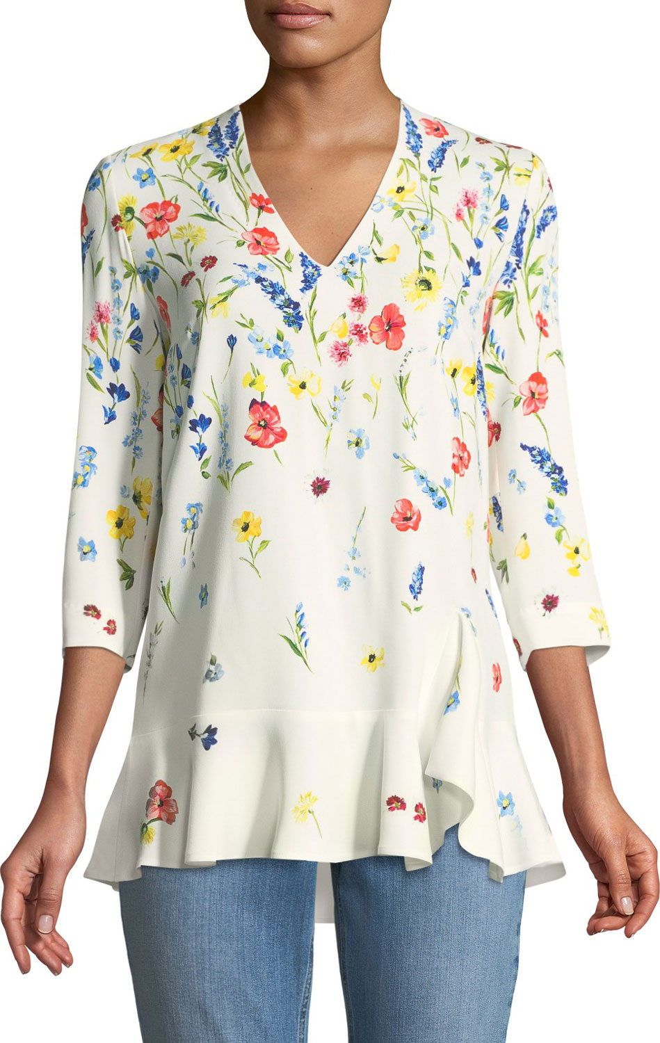 Escada 3/4-Sleeve V-Neck Floral-Print Top