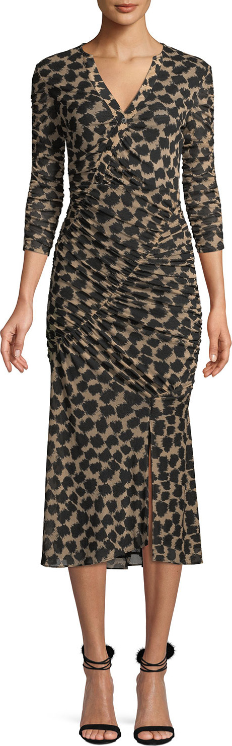 DIANE von FURSTENBERG Ruched Mesh Printed 3/4-Sleeve Midi Dress