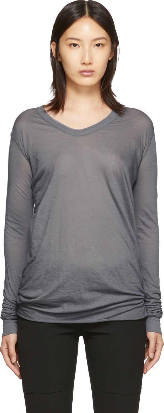 Rick Owens Grey V-Neck Long Sleeve T-Shirt