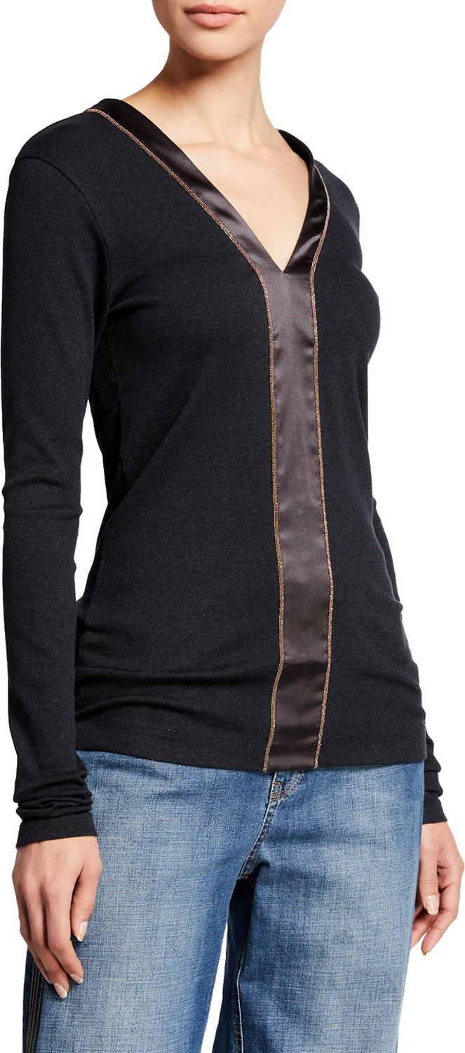 Brunello Cucinelli Long-Sleeve Ribbed Cotton Satin Strip Top