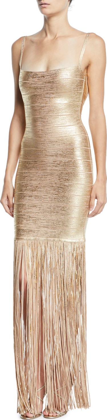 Herve Leger Square-Neck Strappy Foiled Fringe Gown
