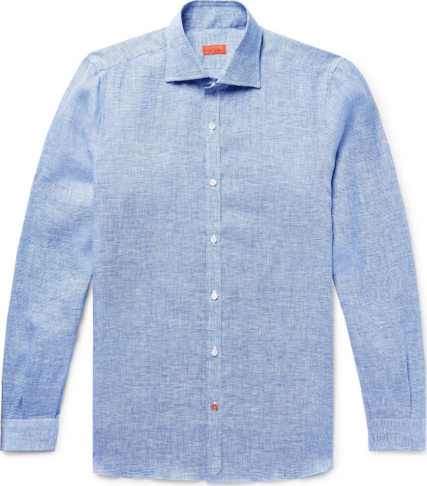 Isaia Slim-Fit Satin-Trimmed Slub Puppytooth Linen Shirt