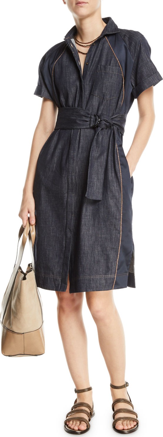 Brunello Cucinelli Chambray Shirtdress with Satin Detail