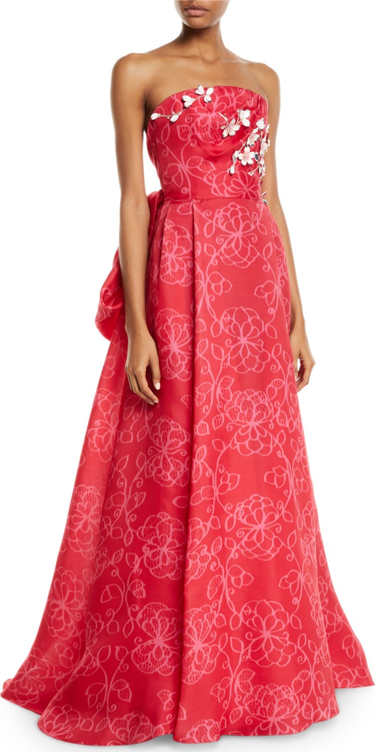 Carolina Herrera Strapless Floral-Embroidered Tie-Back Gown