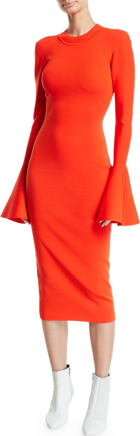 Solace London Corvo Crewneck Long Bell-Sleeve Midi Dress