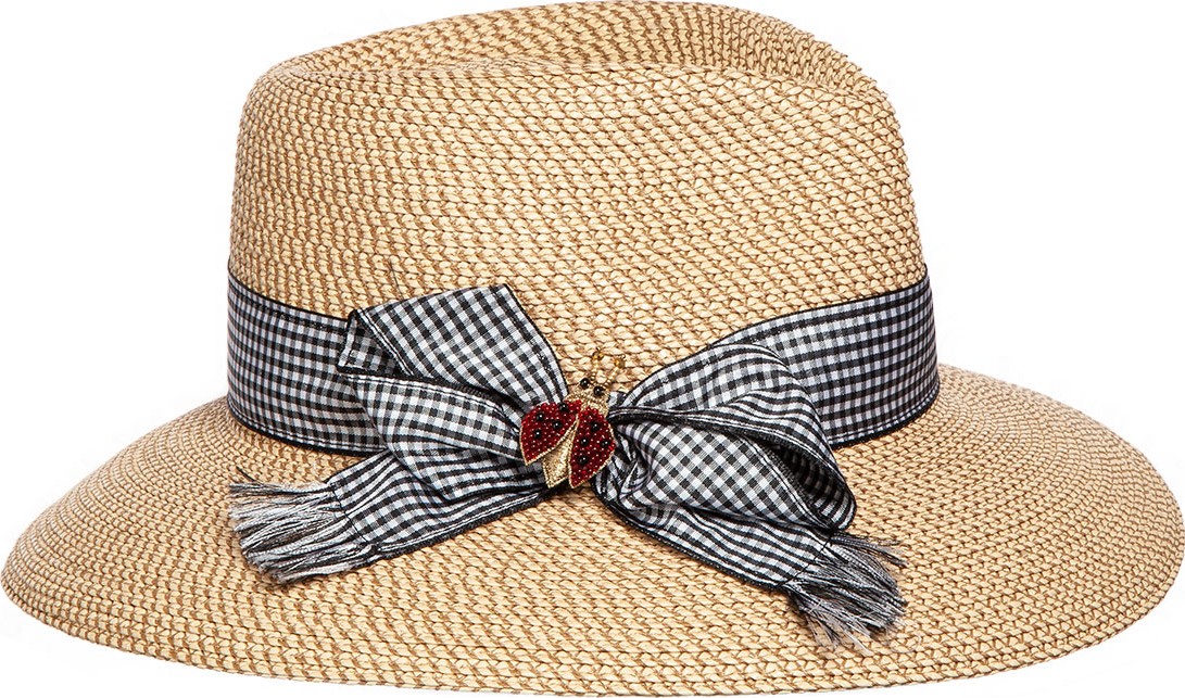 Eric Javits Woven Fedora w/ Gingham Hat Band & Lady Bug Brooch
