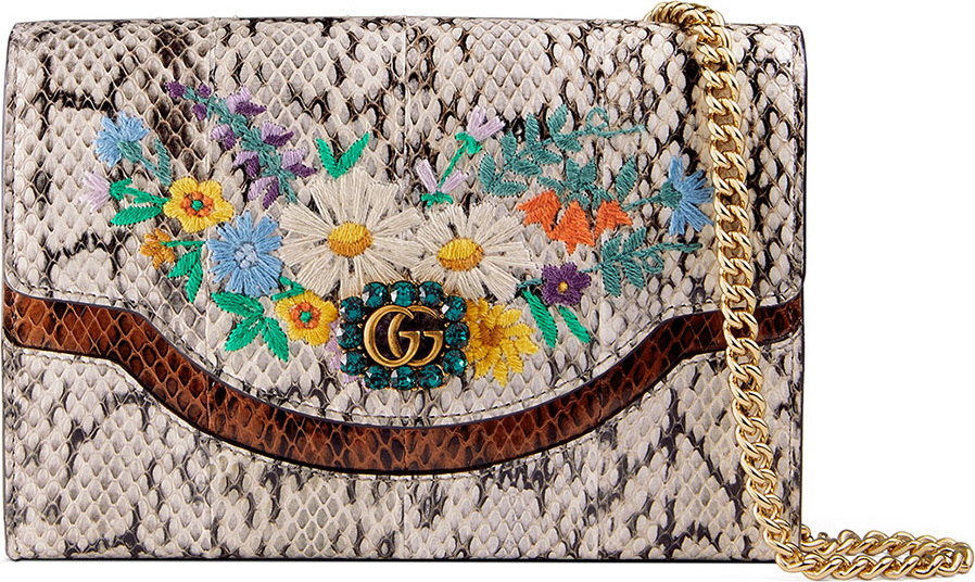 Gucci Ricamo Fiori Floral Snakeskin Wallet on a Chain