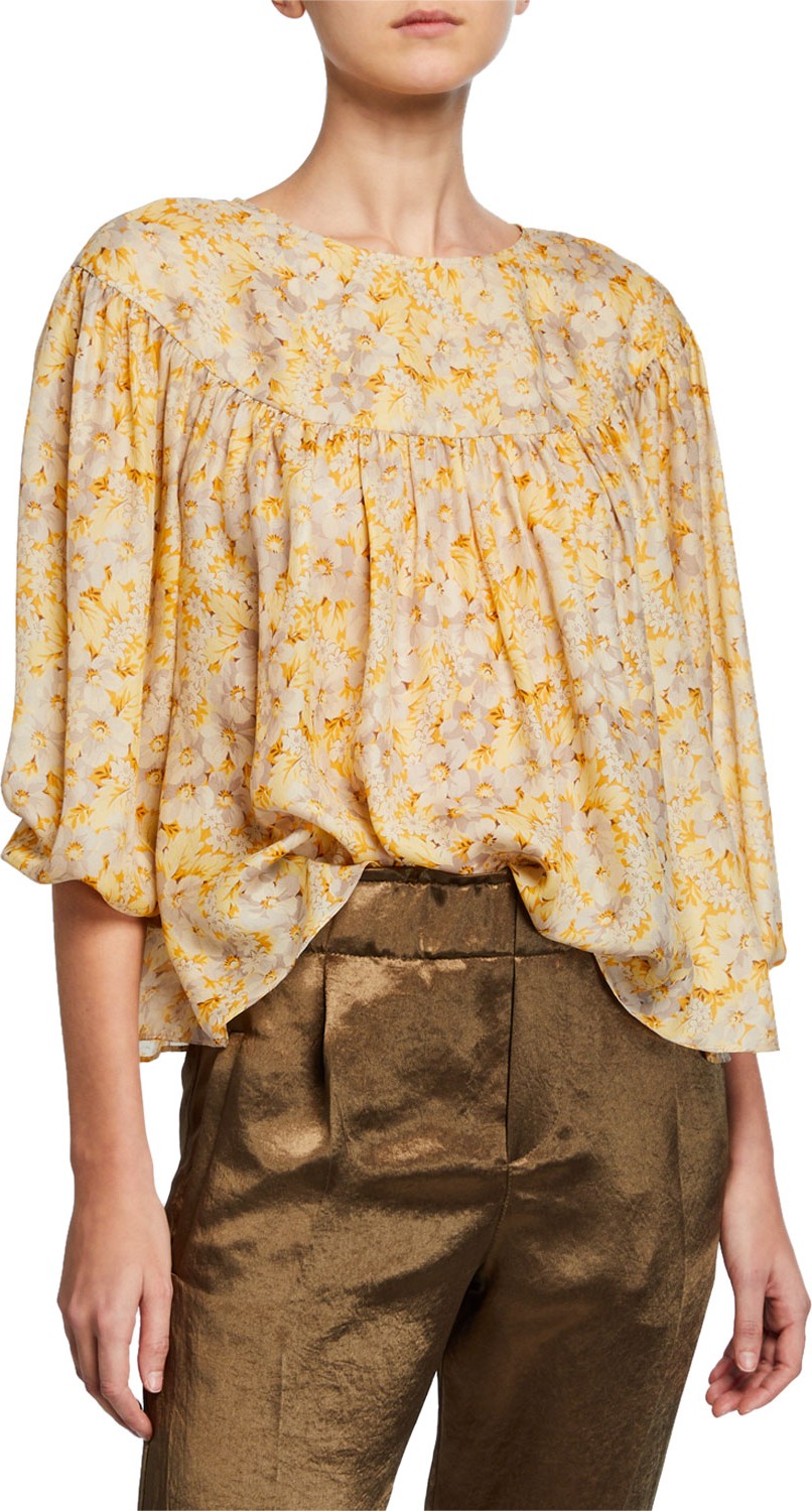 THE GREAT. The Duskfall Floral Blouson-Sleeve Silk Blouse