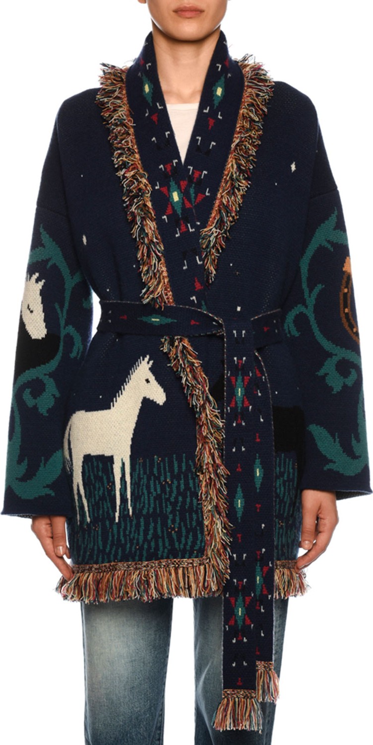Alanui Horses in Love Cashmere Cardigan w/ Fringe