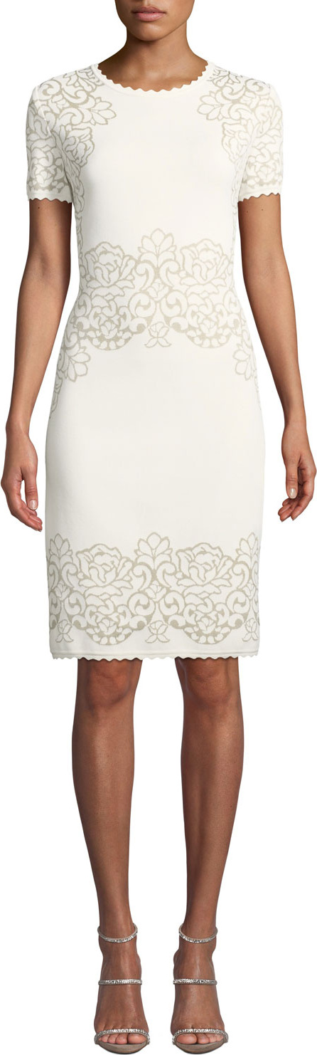 St. John Laurel Short-Sleeve Damask-Jacquard Body-Con Dress w/ Scallop Trim