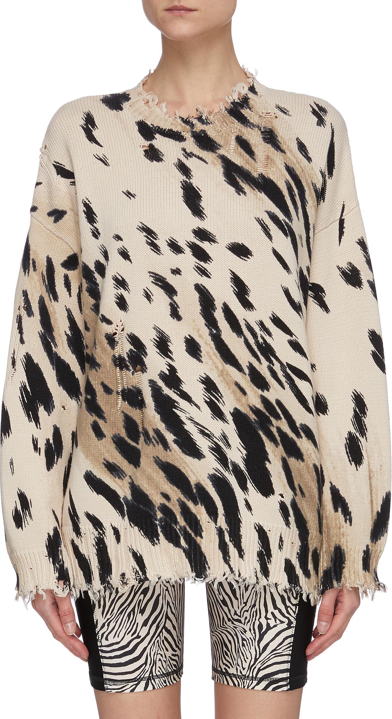 R13 Cheetah print frayed hem oversized cotton sweater