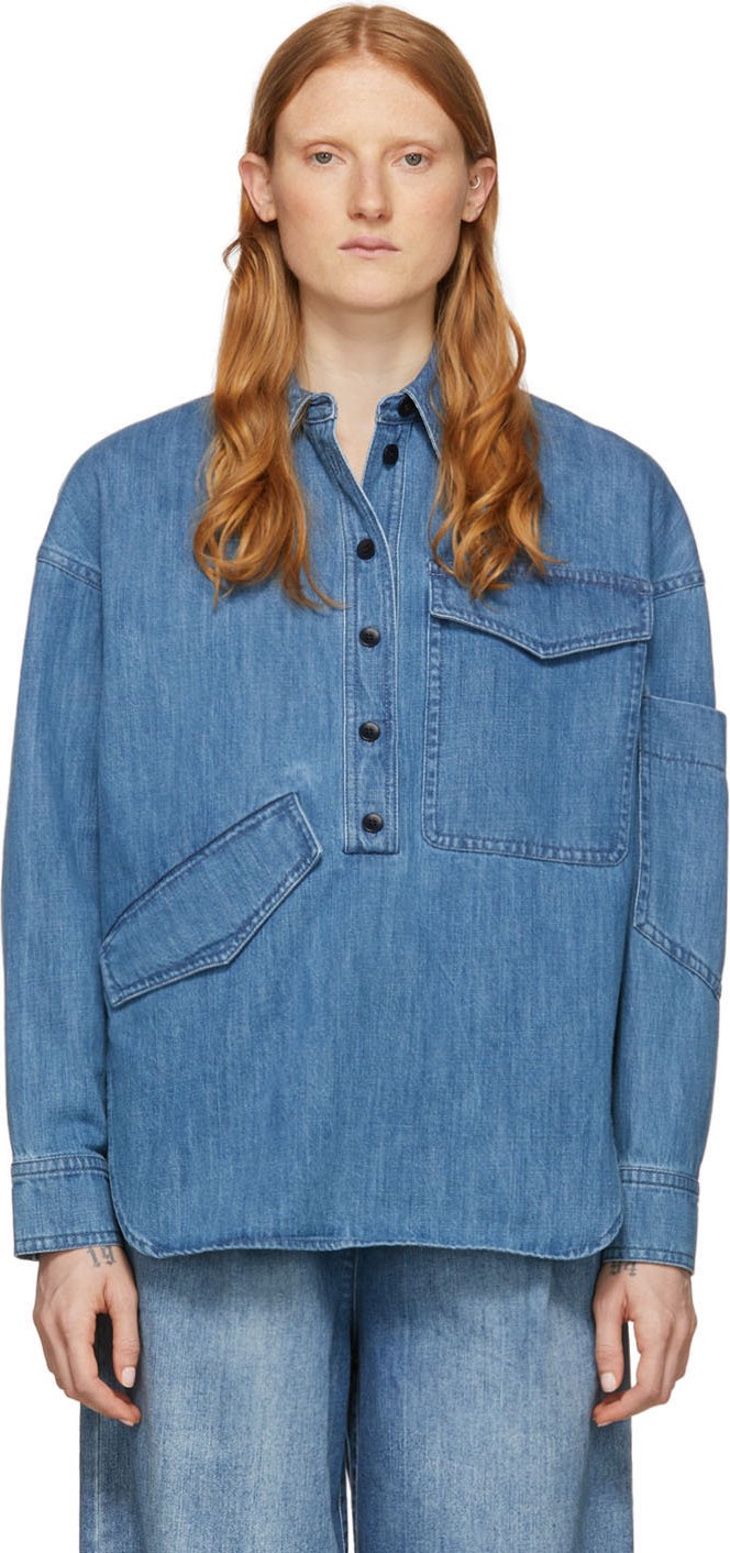 Tibi Blue Denim Oversized Cocoon Shirt