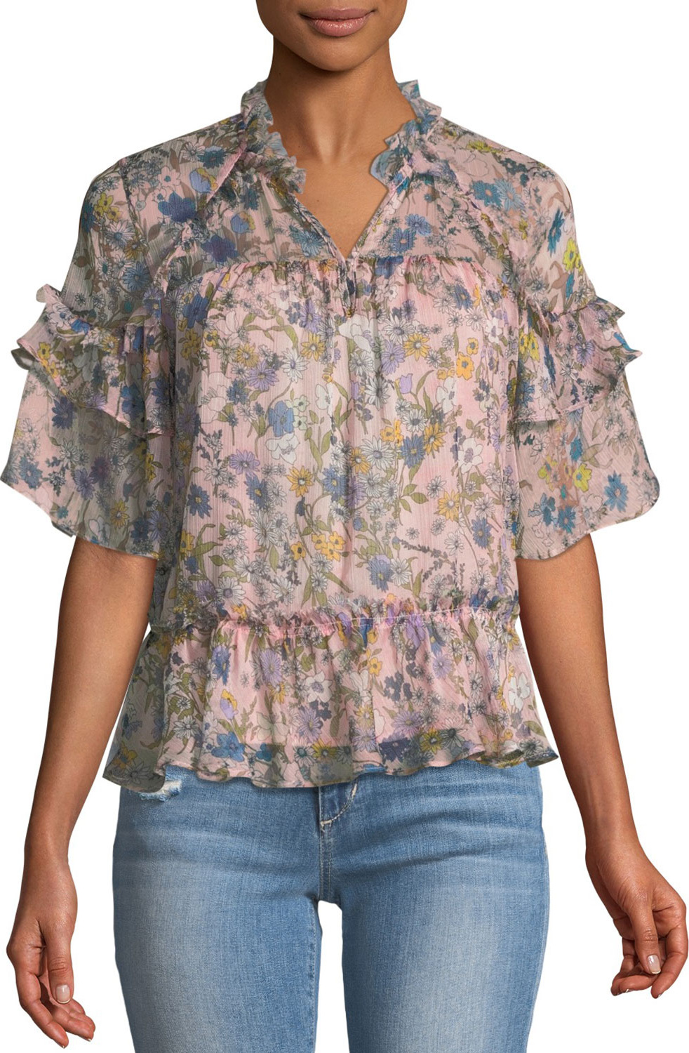 KENDALL + KYLIE Short-Sleeve Floral Ruffle Blouse