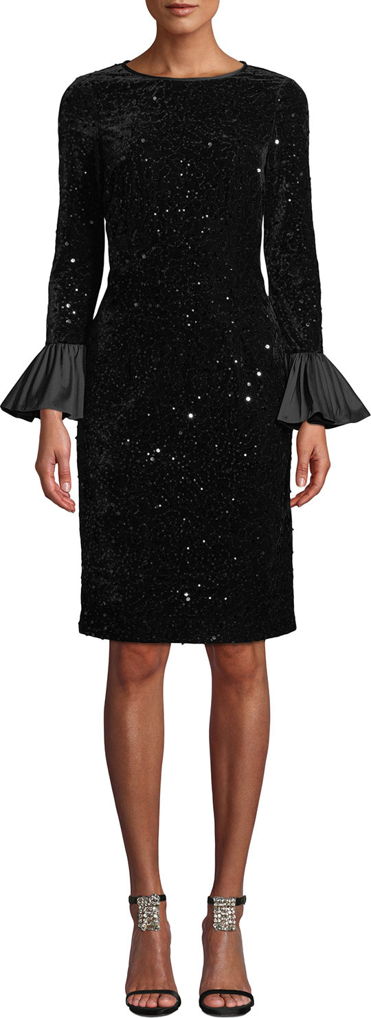 Rickie Freeman for Teri Jon Velvet Confetti Sequin Bell-Sleeve Dress