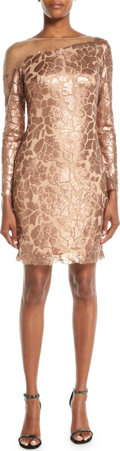 Tadashi Shoji Long-Sleeve Sequin Dress w/ Illusion