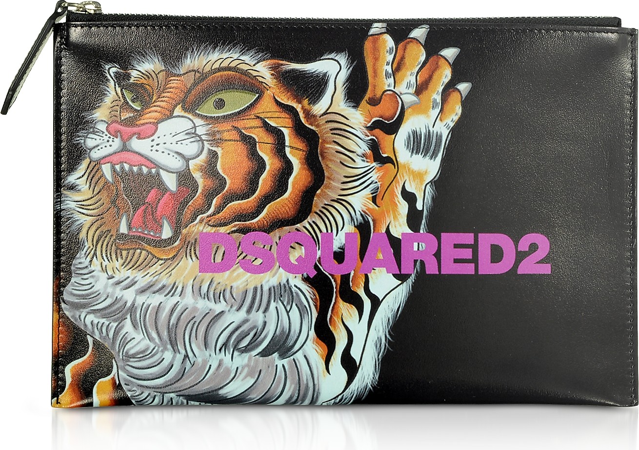 DSQUARED2 Women's Tiger Printed Black Calf Leather Pouch