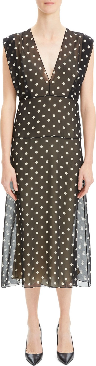 Theory Deep V Dot-Print Sleeveless Silk Midi Dress