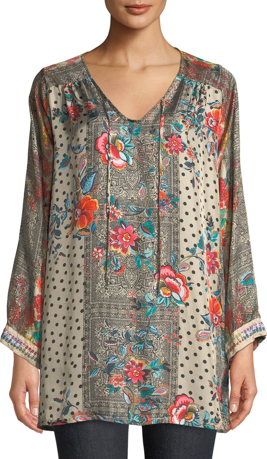 Johnny Was Jolie Floral-Print Silk Tie-Neck Tunic