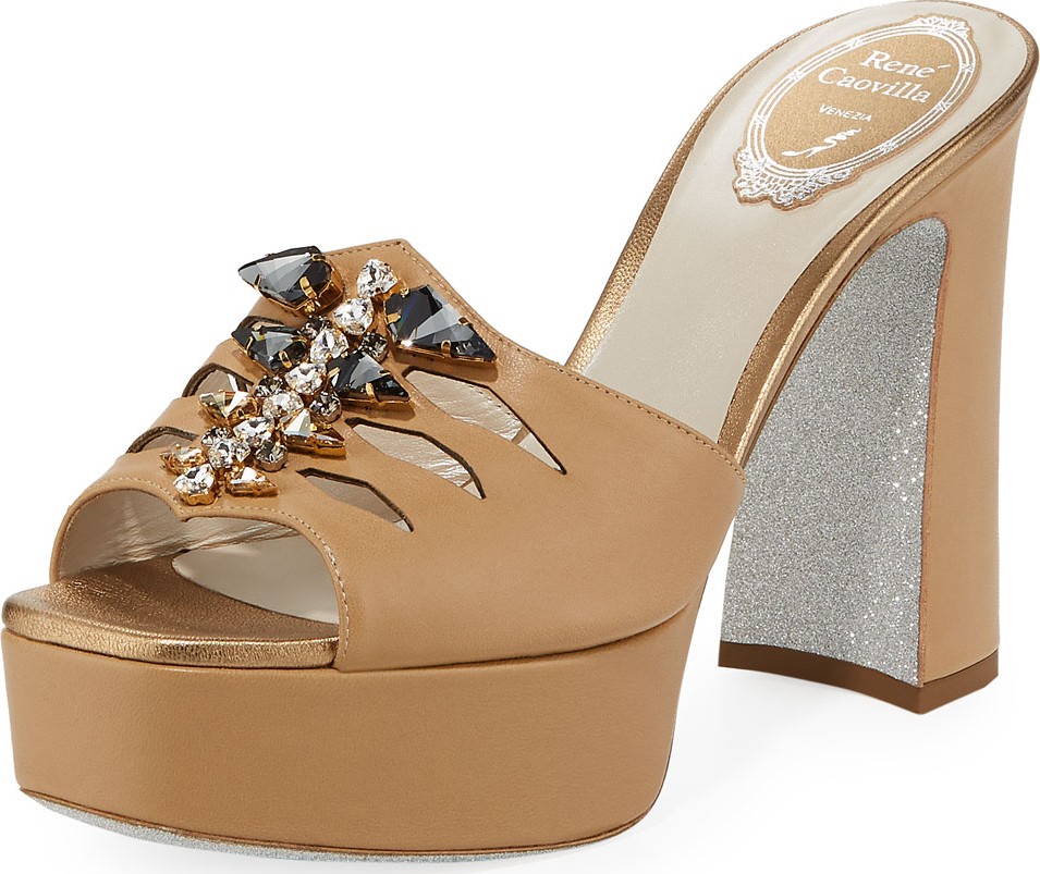 Rene Caovilla Embellished Leather Platform Slide Sandals