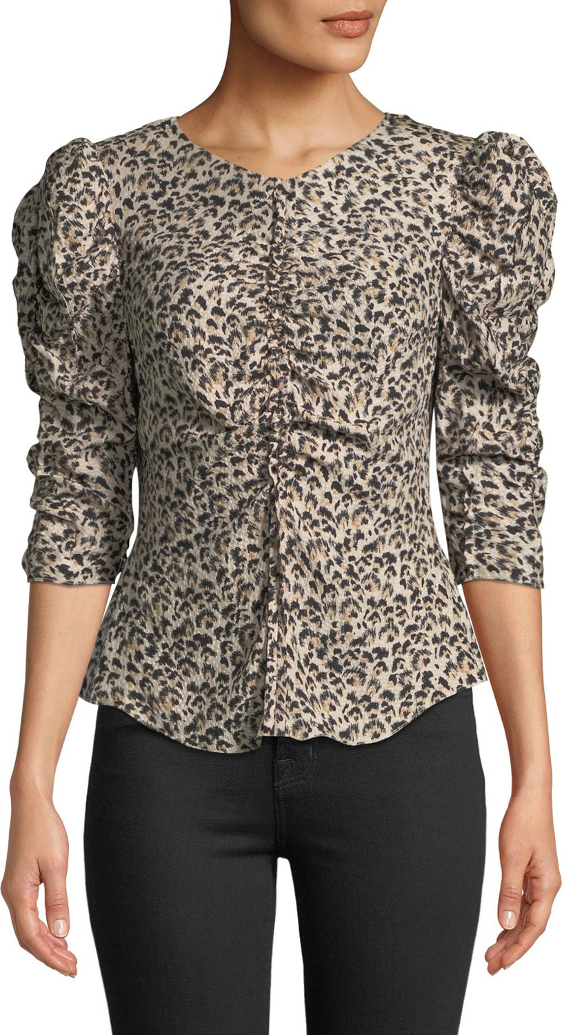 Rebecca Taylor Ruched Puff-Sleeve Leopard-Print Top