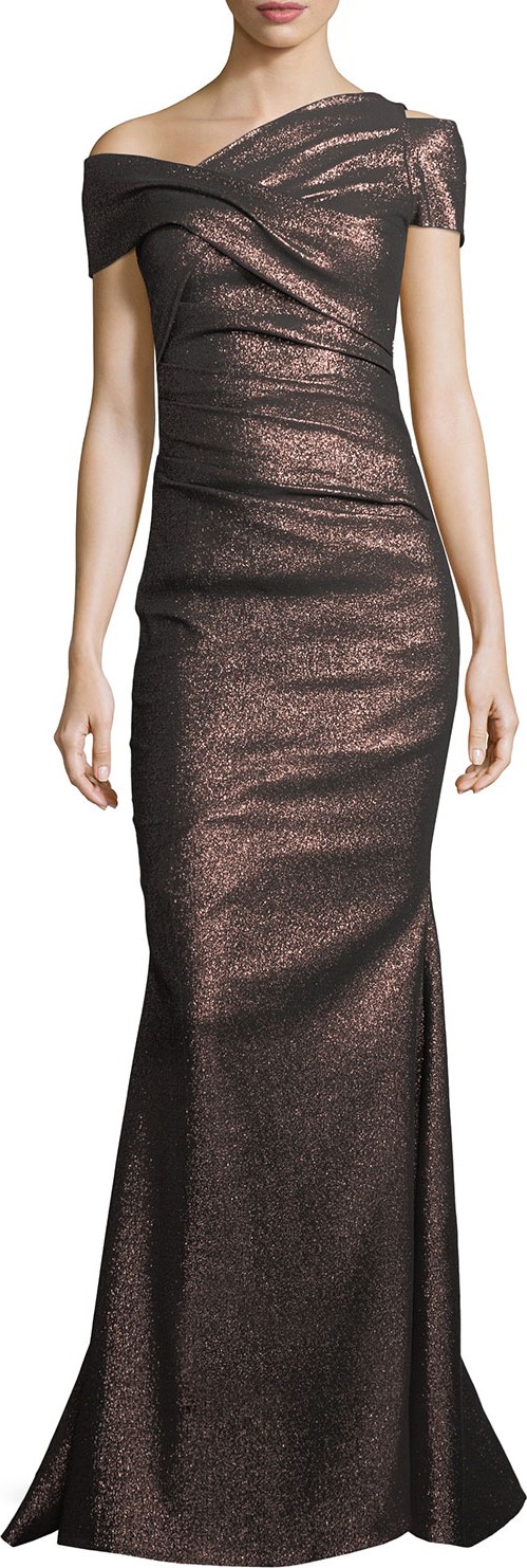 Talbot Runhof Moa Metallic One-Shoulder Ruched Gown