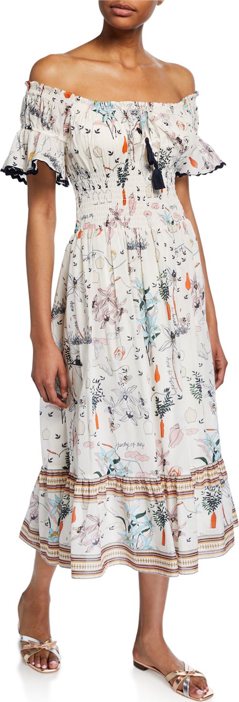 Tory Burch Meadow Folly Off-the-Shoulder Floral Midi Dress