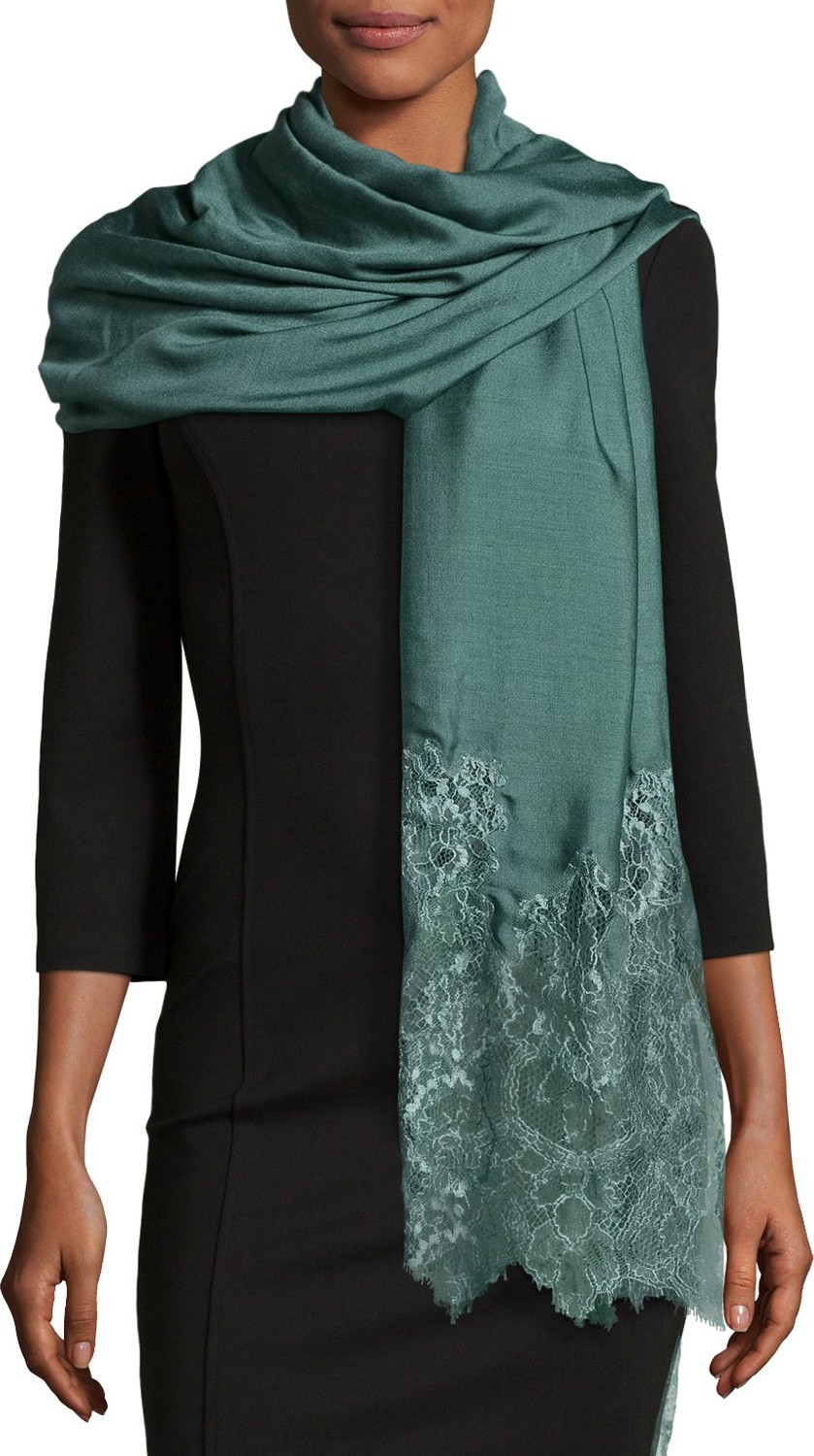 Valentino Woven Lace-Trim Shawl, Jade