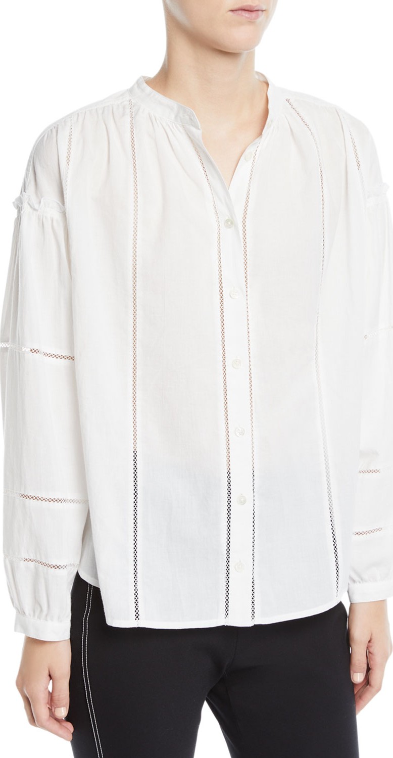 Derek Lam 10 Crosby Long-Sleeve Button-Front Cotton Blouse w/ Lace Insets