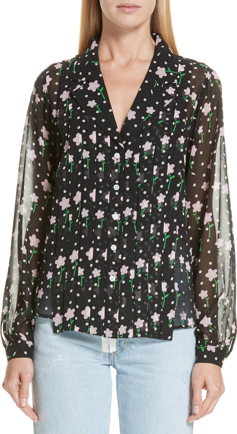 Sandy Liang Floral Print Pleated Silk Blouse