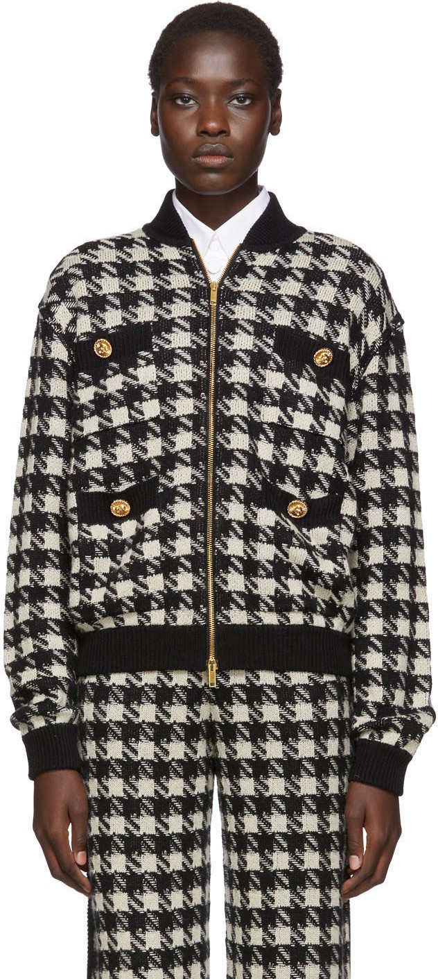 Gucci Black & Off-White Short Houndstooth Bomber