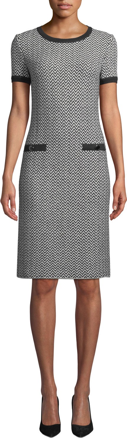St. John Short-Sleeve Herringbone Knit Dress