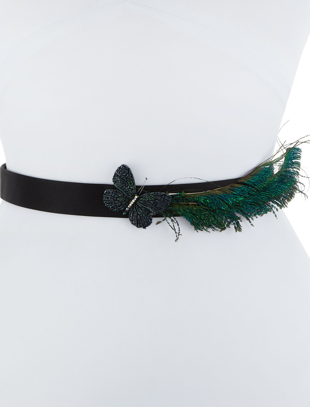 Deborah Drattell Celia Satin Belt with Crystal Butterfly & Feathers
