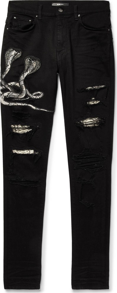 Amiri MX1 Skinny-Fit Appliquéd Faux Snake-Panelled Distressed Stretch-Denim Jeans