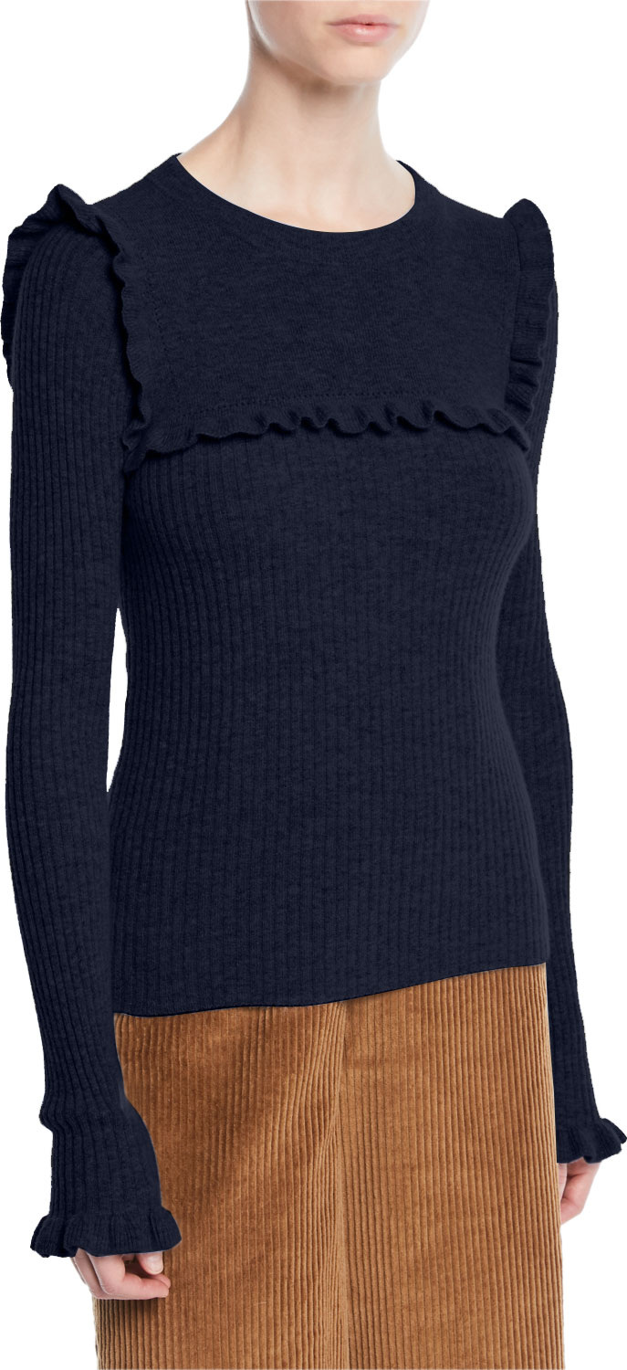 See By Chloé Crewneck Fitted Ribbed Alpaca-Blend Sweater w/ Ruffled Trim