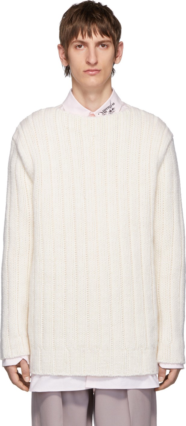 Raf Simons White Wool Rib Knit Sweater