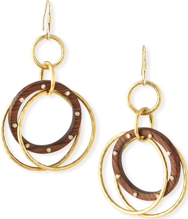 Vendorafa 18k Wood Hoop Drop Earrings w/ Diamonds