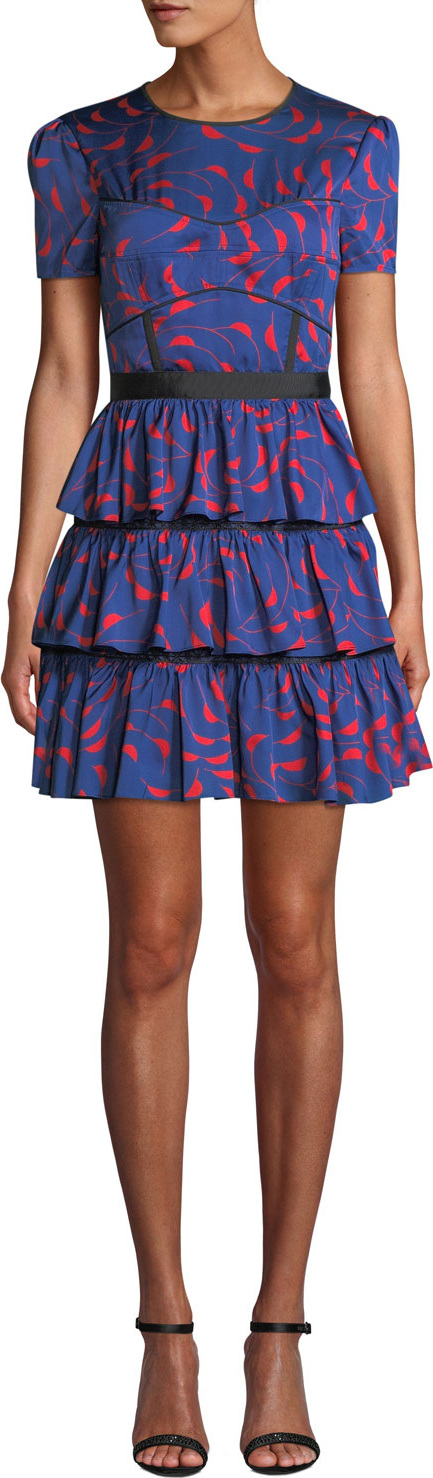 Self Portrait Tiered Printed Ruffle Short-Sleeve Mini Dress