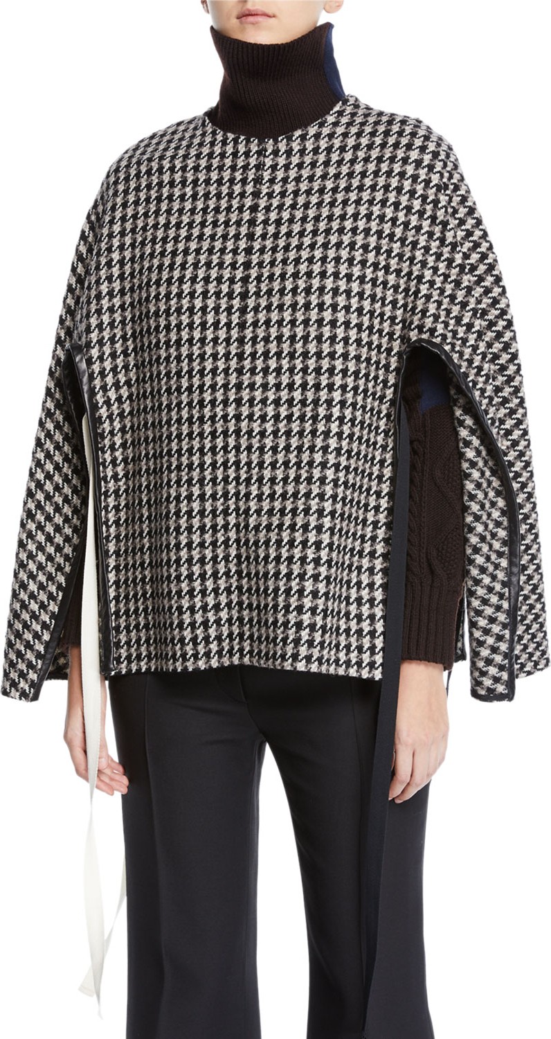 Derek Lam Houndstooth-Wool Side-Tie Poncho Sweater