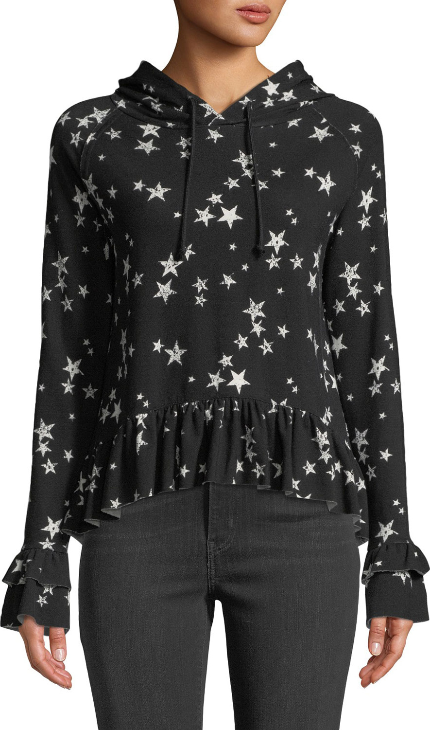 Generation Love Easton Star-Print Ruffle Hooded Top