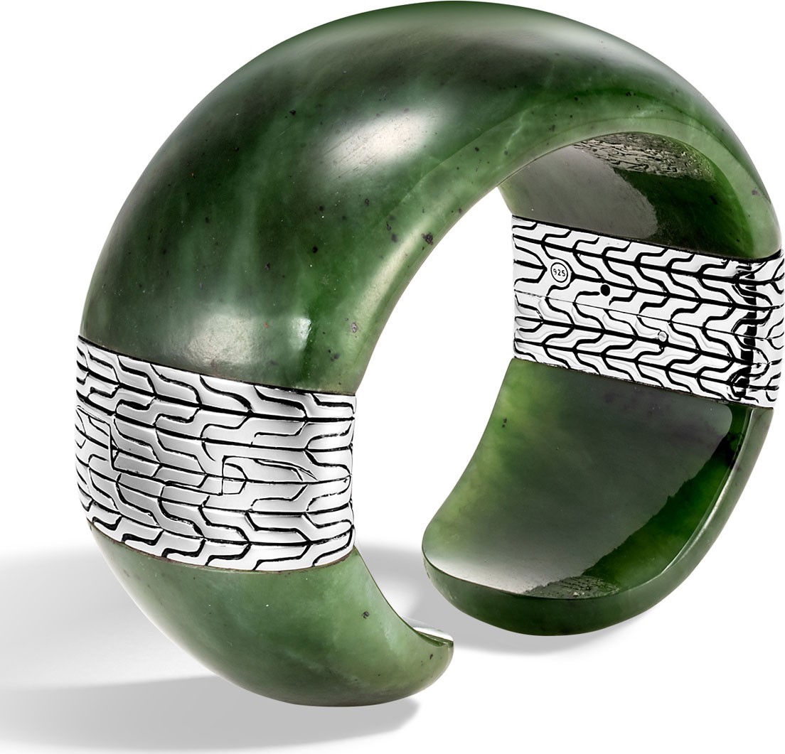 John Hardy Classic Chain Wide Silver Flex Kick Cuff Bracelet with Green Jade, Size M