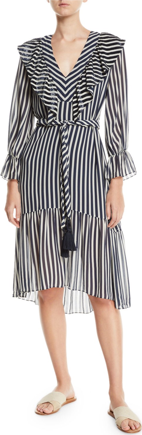 FIGUE Carla Flare-Sleeve Striped Georgette Dress