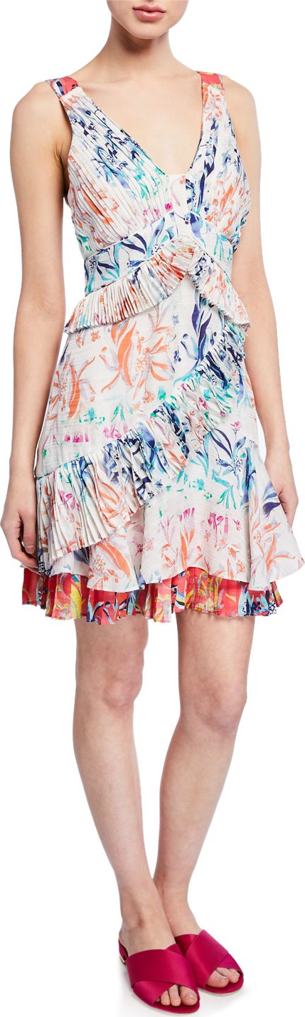 Tanya Taylor Eva Pleated Floral Sleeveless Flounce Dress Tanya Taylor Eva Pleated Floral Sleeveless Flounce Dress