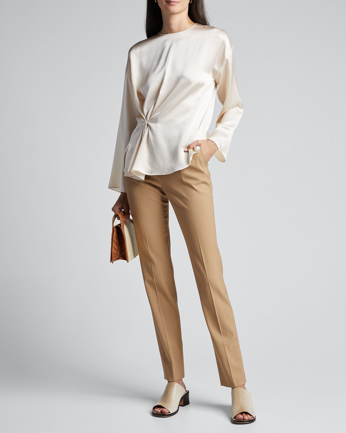 Vince Knot Front Long-Sleeve Silk Blouse